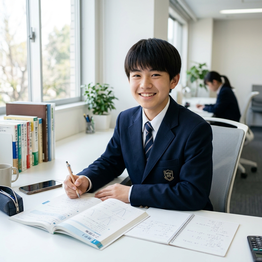 高1からの医学部合格ルートを視野に入れ、笑顔で数学の学習に取り組む日本の高校1年生