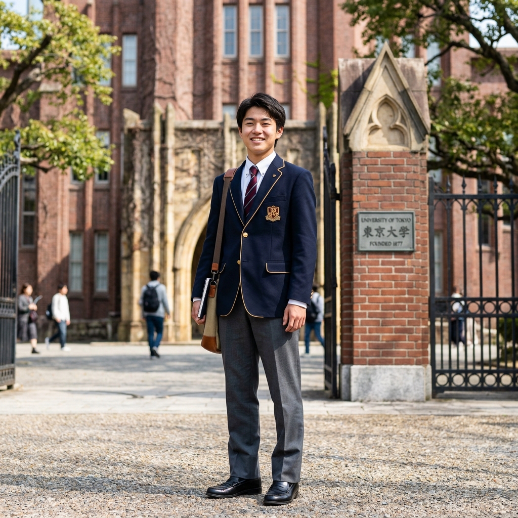 慶應附属校の制服を着て、目標の慶応医学部内部推薦獲得に向け笑顔で立つ日本の高校生
