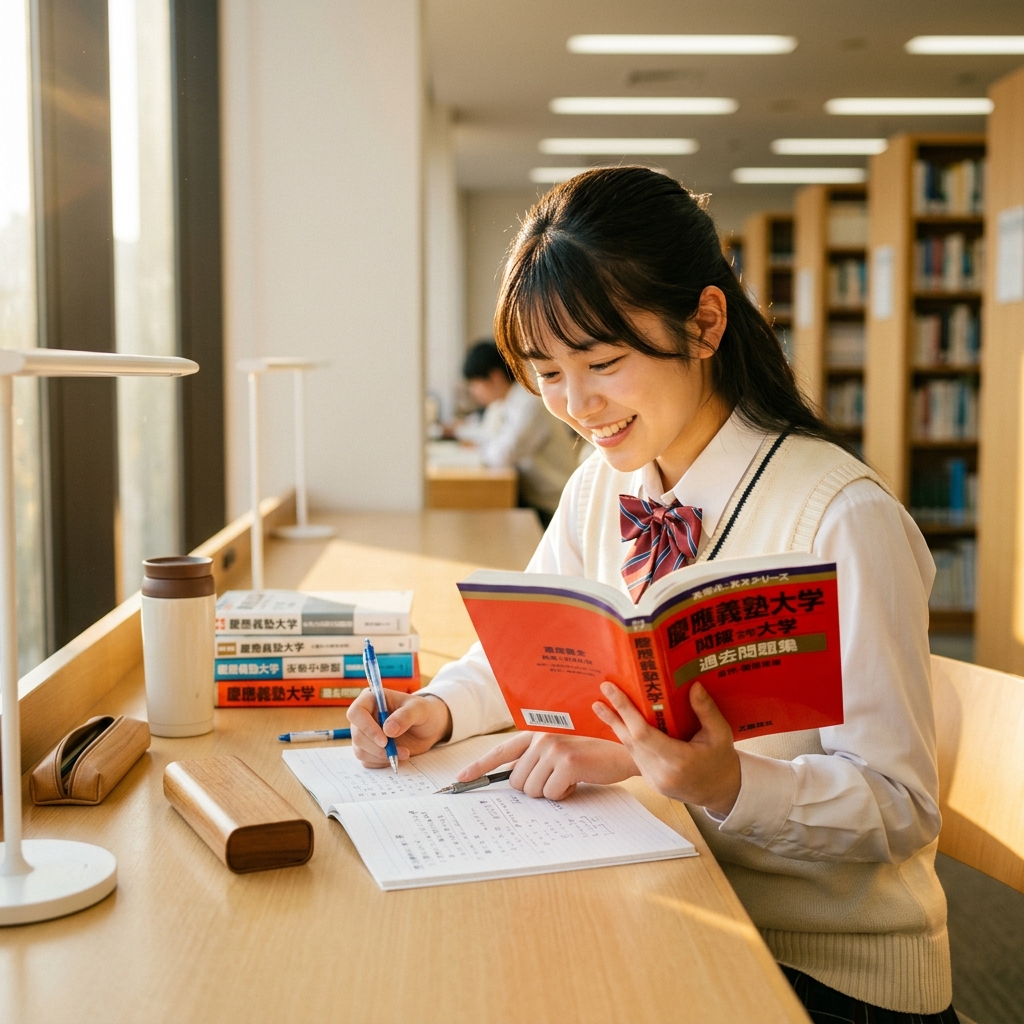 慶應内部推薦の維持と他大一般一般受験の両立に向け、赤本や計画表を開き集中して取り組む受験生