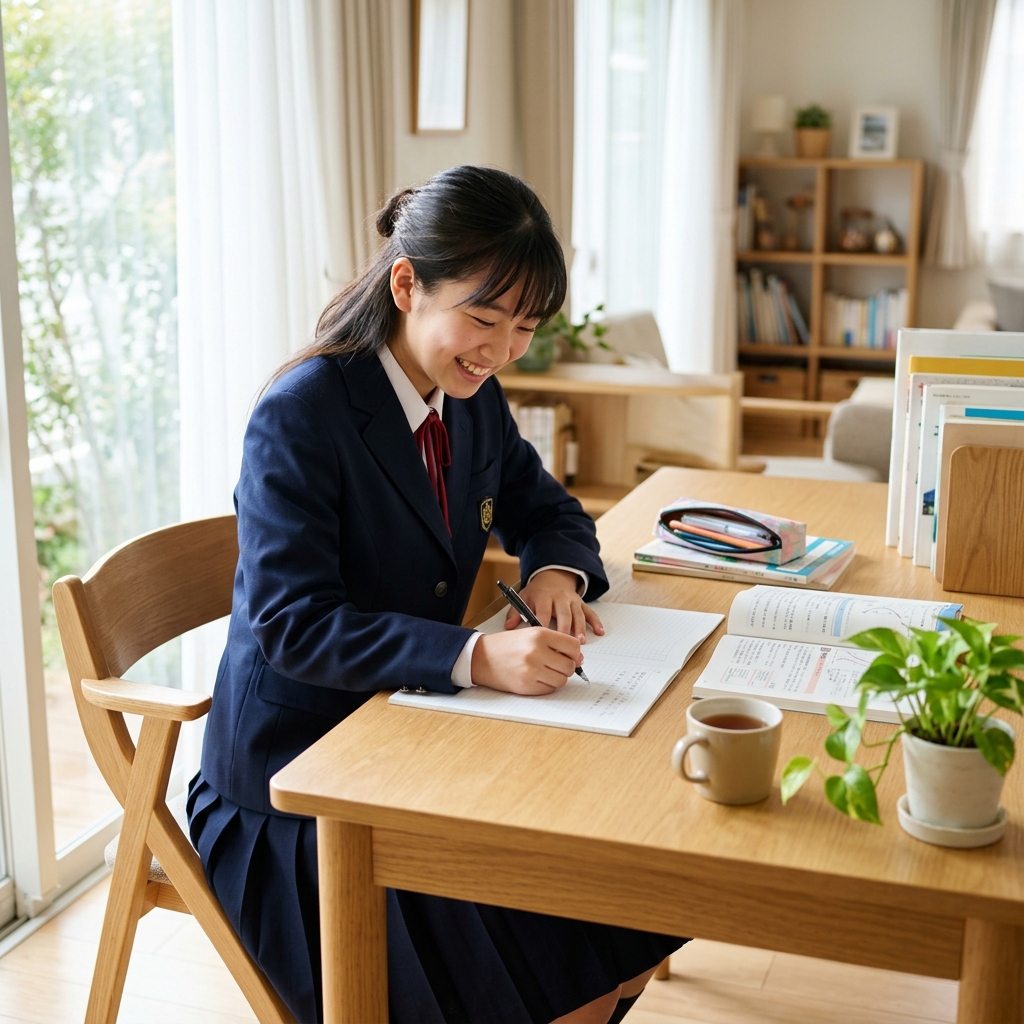 志望校合格に向け、明るい光の差し込む自習室で勉強に取り組む日本の中学生