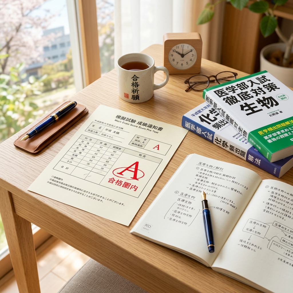 志望校合格に向け、A判定と大きく書かれた模試結果と参考書が並ぶ受験生の勉強机