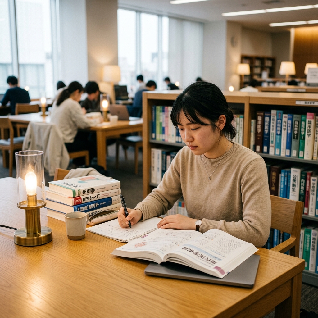 東京慈恵会医科大や順天堂など名門私立医学部の図書館で勉強する医学生のイメージ