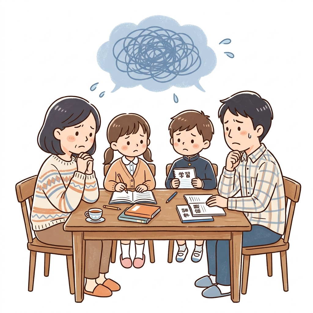 医学部受験の進路について少し考えている親しみやすいタッチの日本人のご家族